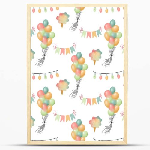 Seamless pattern of hand drawn air balloons, flags, garlands and ice cream, illustration on white background