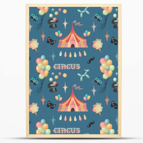 Seamless pattern of hand drawn circus elements and attributes of amusement park (circus tent, air balloons, ice cream, fun masks), illustration on dark blue background