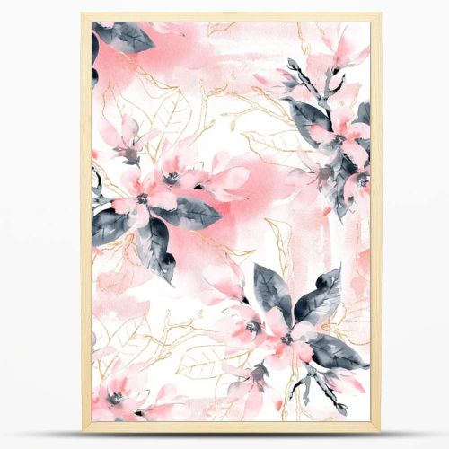 Seamless pattern with flowers and leaves. Pink magnolia flowers 