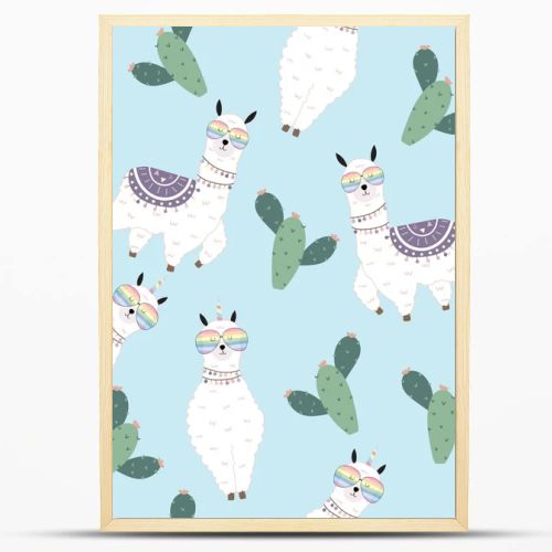 Blue hand drawn cute seamless pattern with llama, glasses,cactus in summer