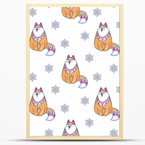 Christmas seamless pattern with cute fox. Childhood vector background in ethnic style.