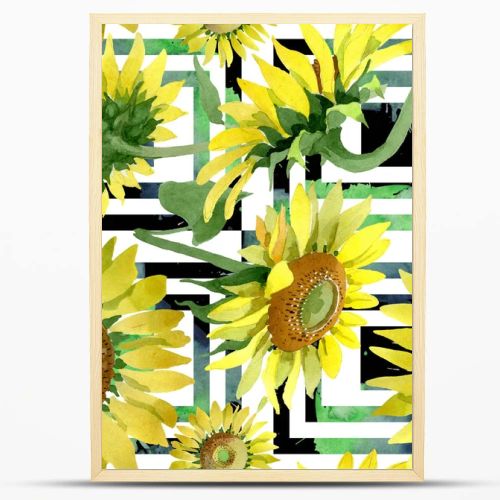 Sunflower floral botanical flowers. Watercolor background illustration set. Seamless background pattern.