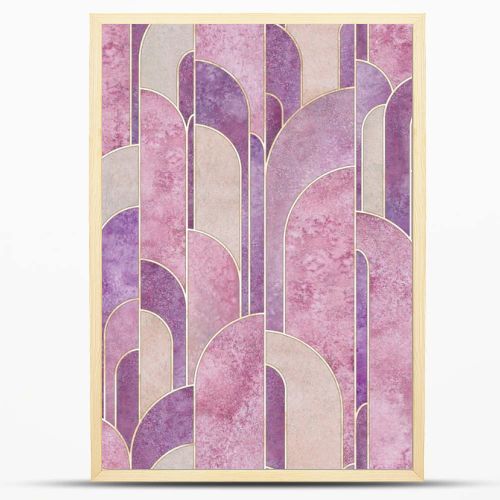 Art deco style abstract geometric forms seamless pattern background. Watercolor hand drawn multicolor purple elements and golden lines texture. Watercolour print for textile, wallpaper, wrapping paper