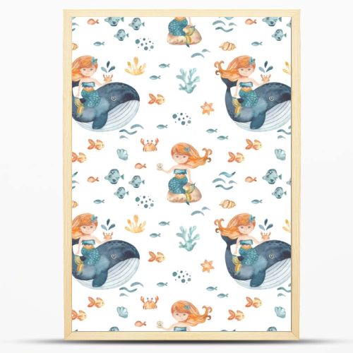 Cute mermaid girl on a whale, stone, fish, crab, corals, shells on a white background Watercolor seamless pattern