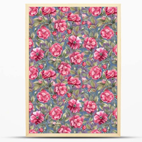 Floral seamless pattern with branches of pink roses woven into an ornament. Watercolor illustration with pink roses background.