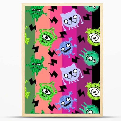 Cartoon doodle monsters seamless aliens and animals pattern for wrapping paper and fabrics and kids clothes print and linens and packaging. High quality illustration