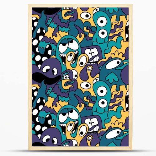 Cartoon doodle monsters seamless aliens and animals pattern for wrapping paper and fabrics and kids clothes print and linens and packaging. High quality illustration