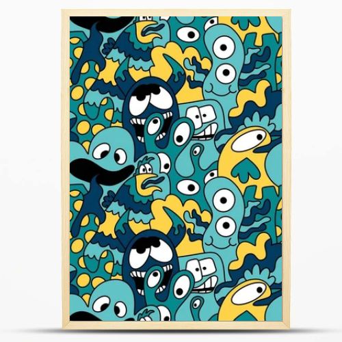 Cartoon doodle monsters seamless aliens and animals pattern for wrapping paper and fabrics and kids clothes print and linens and packaging. High quality illustration