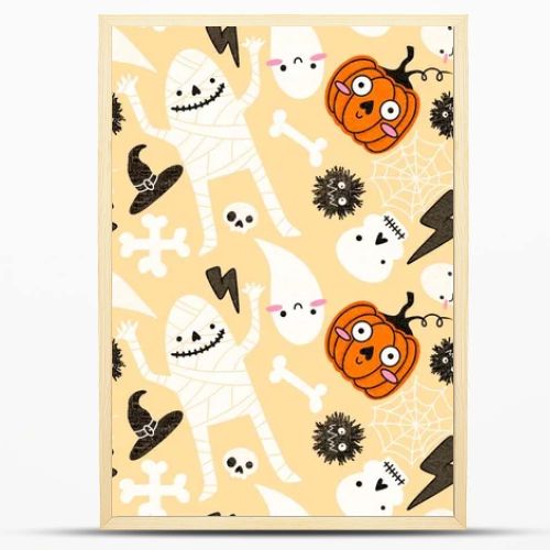 Halloween mummy and pumpkins seamless ghost and bones and skulls and monsters pattern for wrapping paper and kids clothes print and fabrics and linens and fashion textiles. High quality illustration