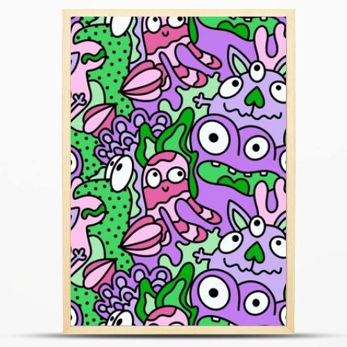 Cartoon doodle monsters seamless aliens and animals pattern for wrapping paper and fabrics and kids clothes print and linens and packaging. High quality illustration