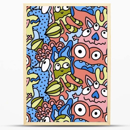 Cartoon doodle monsters seamless aliens and animals pattern for wrapping paper and fabrics and kids clothes print and linens and packaging. High quality illustration