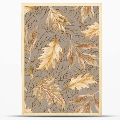 Watercolor seamless pattern dry twig and leaves. Hand painted boho leaves. Floral background for design, print, fabric or background.