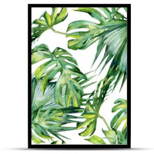 Seamless watercolor illustration of tropical leaves, dense jungle. Hand painted. Banner with tropic summertime motif may be used as background texture, wrapping paper, textile or wallpaper design.