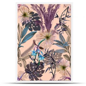 Seamless floral background scarf art abstract design textile. seamless beautiful artistic bright tropical pattern with exotic forest. Colorful Fabric Flower pattern. Beautiful vintage Floral