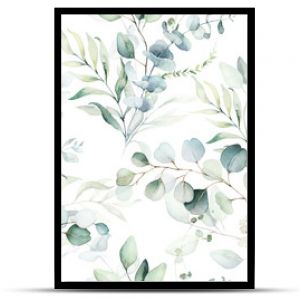 Seamless watercolor floral pattern - green leaves and branches composition on white background, perfect for wrappers, wallpapers, postcards, greeting cards, wedding invitations, romantic events.