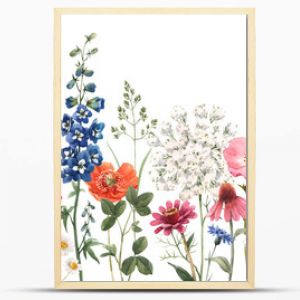 Beautiful floral summer seamless pattern with watercolor hand drawn field wild flowers. Stock illustration.