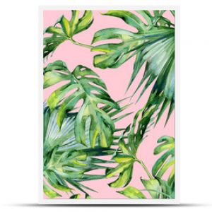 Seamless watercolor illustration of tropical leaves, dense jungle. Hand painted. Banner with tropic summertime motif may be used as background texture, wrapping paper, textile or wallpaper design.