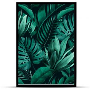 Tropical seamless pattern with exotic monstera, banana and palm leaves on dark background.