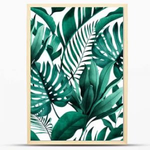 Tropical seamless pattern with exotic monstera, banana and palm leaves on white background.