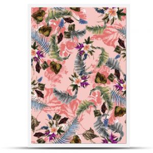 Seamless floral background scarf art abstract design textile. seamless beautiful artistic bright tropical pattern with exotic forest. Colorful Fabric Flower pattern. Beautiful vintage Floral