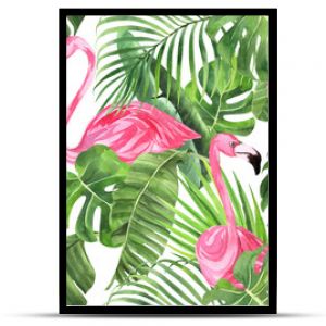 Jungle isolated seamless pattern with tropical leaves, palm monster banana, flamingo on an isolated white background. Fabric wallpaper print texture. Stock illustration.