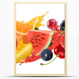 Słodkie owoce tropikalne i mieszane jagody Odrobina soku Arbuz Banan Ananas Truskawka Pomarańcza Mango Borówka Wiśnia Ras