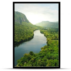 Widok z lotu ptaka na rzekę w tropikalnym zielonym lesie z górami w tle