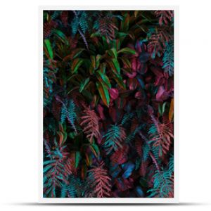 Neonowa tropikalna dżungla pozostawia las w żywych kolorach na tle retro plakatu, jak nieznajome rzeczy 80. 70. 60. renderowanie 3D