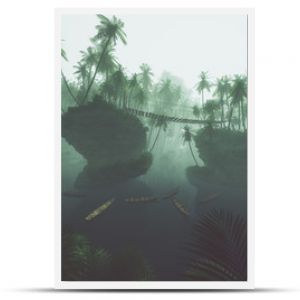 Drewniane kajaki na mglistym jeziorze w dżungli z palmami Podświetlany