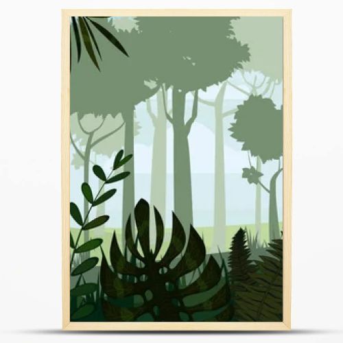 Vector tropical rainforest Jungle landscape background with leaves, fern, isolated, illustrations