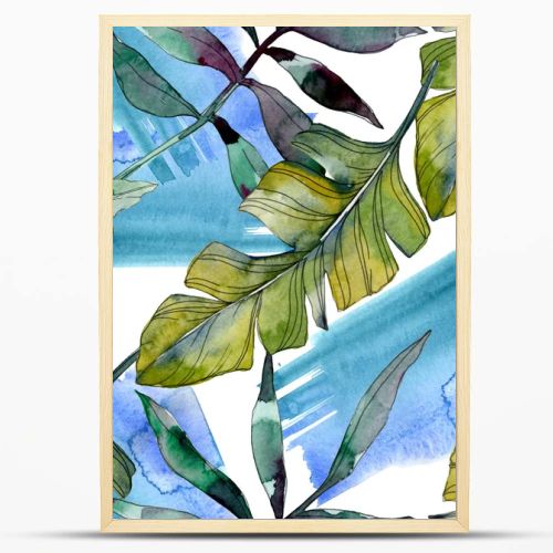 Green leaf plant botanical. Exotic tropical hawaiian summer. Watercolor illustration set. Watercolour drawing fashion aquarelle isolated. Seamless background pattern. Fabric wallpaper print texture.
