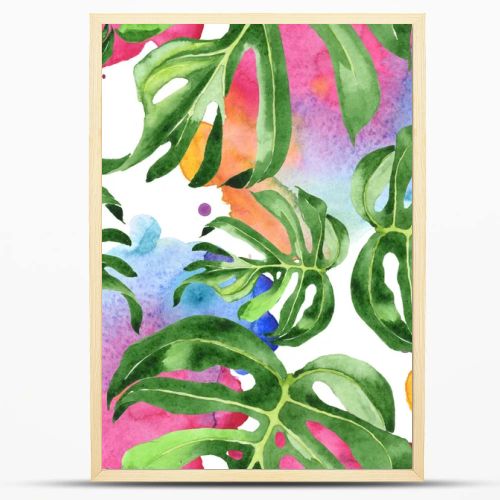 Exotic tropical hawaiian green palm leaves. Watercolor background set. Seamless background pattern.