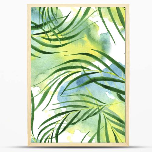 Exotic tropical hawaiian green palm leaves. Watercolor background set. Seamless background pattern.