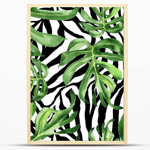 Exotic tropical hawaiian green palm leaves. Watercolor background set. Seamless background pattern.