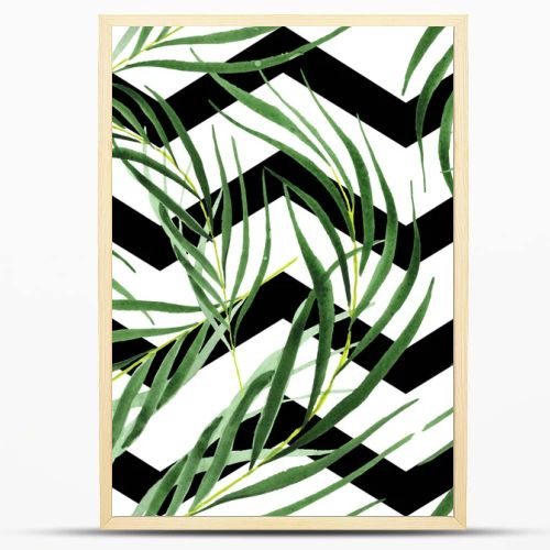 Exotic tropical hawaiian green palm leaves. Watercolor background set. Seamless background pattern.