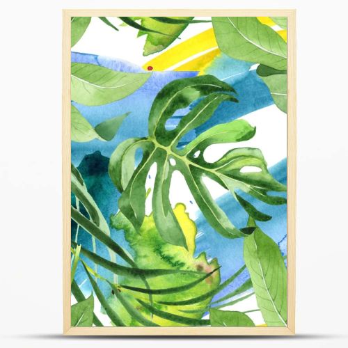 Exotic tropical hawaiian green palm leaves. Watercolor background set. Seamless background pattern.