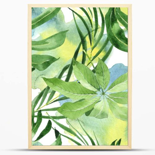 Exotic tropical hawaiian green palm leaves. Watercolor background set. Seamless background pattern.