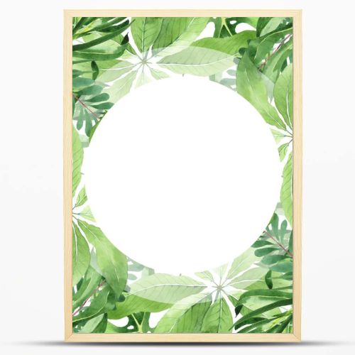 Exotic tropical hawaiian green palm leaves isolated on white. Watercolor background set. Frame with copy space.