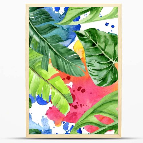 Exotic tropical hawaiian palm tree leaves. Watercolor background illustration set. Seamless background pattern. 