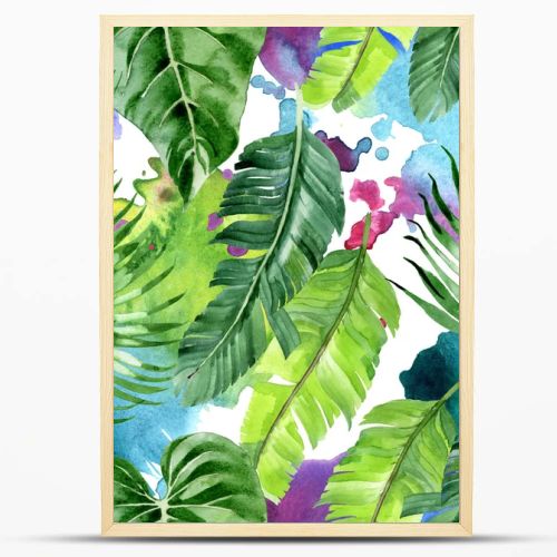 Exotic tropical hawaiian palm tree leaves. Watercolor background illustration set. Seamless background pattern. 