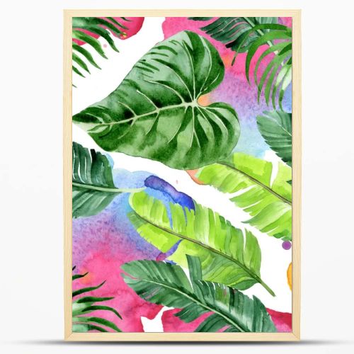 Exotic tropical hawaiian palm tree leaves. Watercolor background illustration set. Seamless background pattern. 
