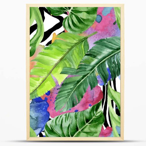 Exotic tropical hawaiian palm tree leaves. Watercolor background illustration set. Seamless background pattern. 