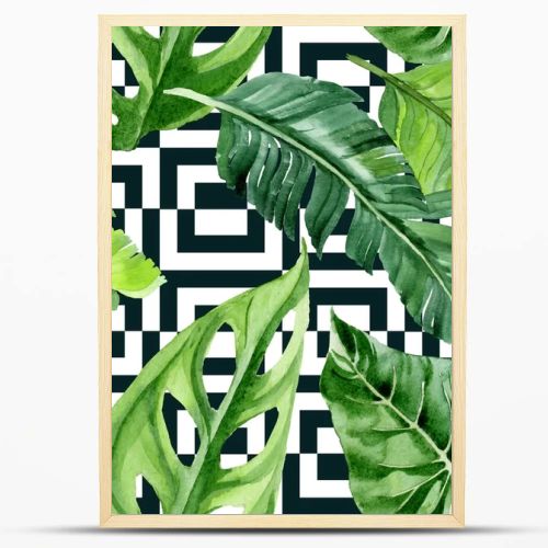 Exotic tropical hawaiian palm tree leaves. Watercolor background illustration set. Seamless background pattern. 