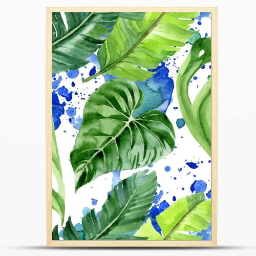 Exotic tropical hawaiian palm tree leaves. Watercolor background illustration set. Seamless background pattern. 