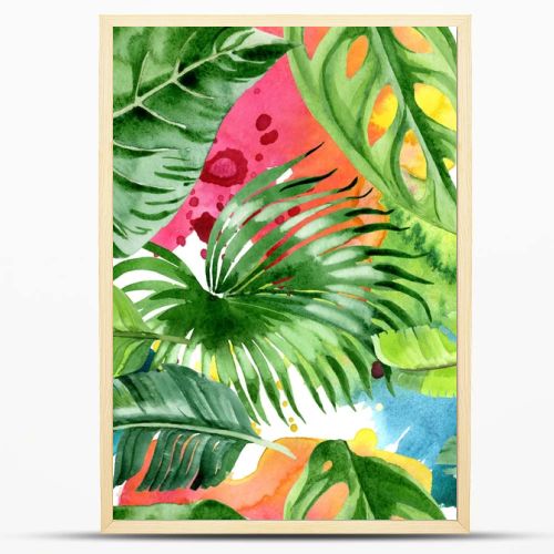 Exotic tropical hawaiian palm tree leaves. Watercolor background illustration set. Seamless background pattern. 