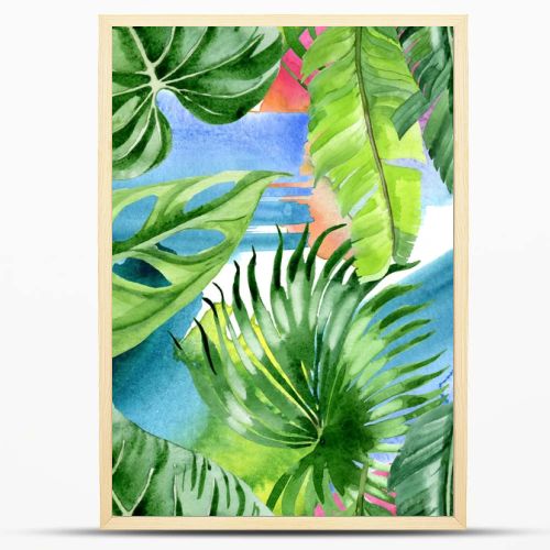 Exotic tropical hawaiian palm tree leaves. Watercolor background illustration set. Seamless background pattern. 