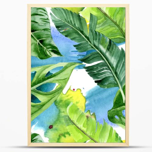 Exotic tropical hawaiian palm tree leaves. Watercolor background illustration set. Seamless background pattern. 