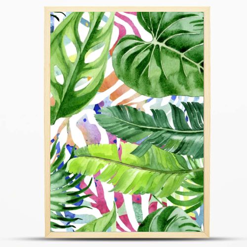 Exotic tropical hawaiian palm tree leaves. Watercolor background illustration set. Seamless background pattern. 