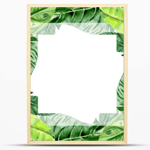 Exotic tropical hawaiian palm tree leaves isolated on white. Watercolor background illustration set. Frame ornament with copy space.