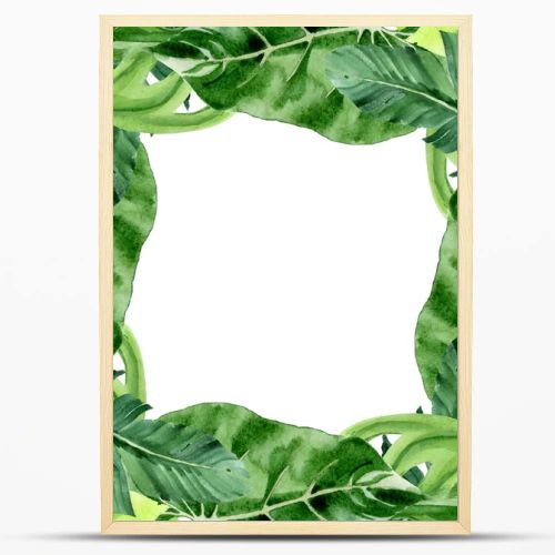 Exotic tropical hawaiian palm tree leaves isolated on white. Watercolor background illustration set. Frame ornament with copy space.